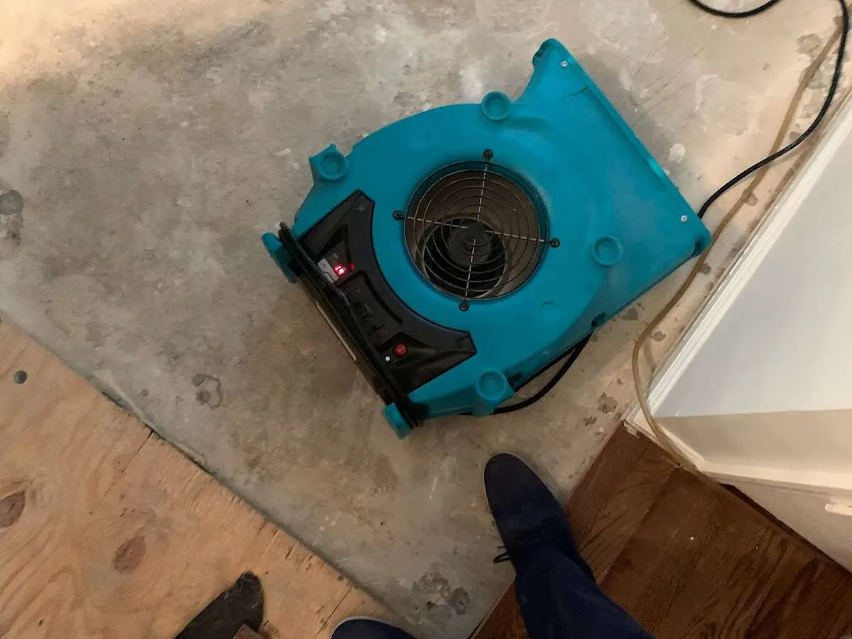 Air mover drying subfloor during Commercial Water Damage Restoration in Aledo